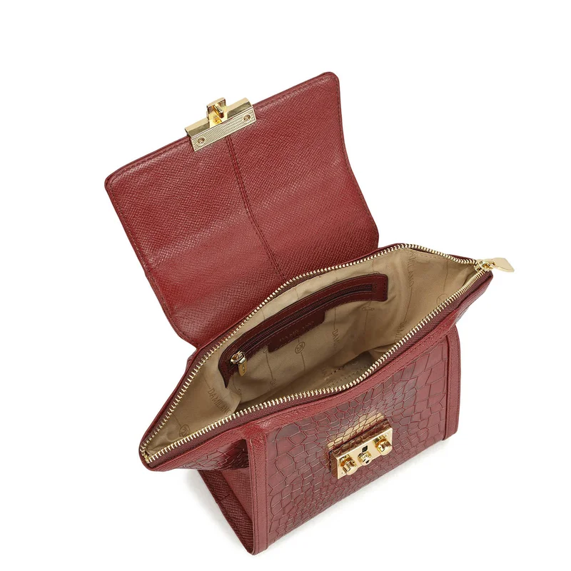 Da Milano Cherry Small Croco Leather Satchel - Cherry for Women | Best Price UAE